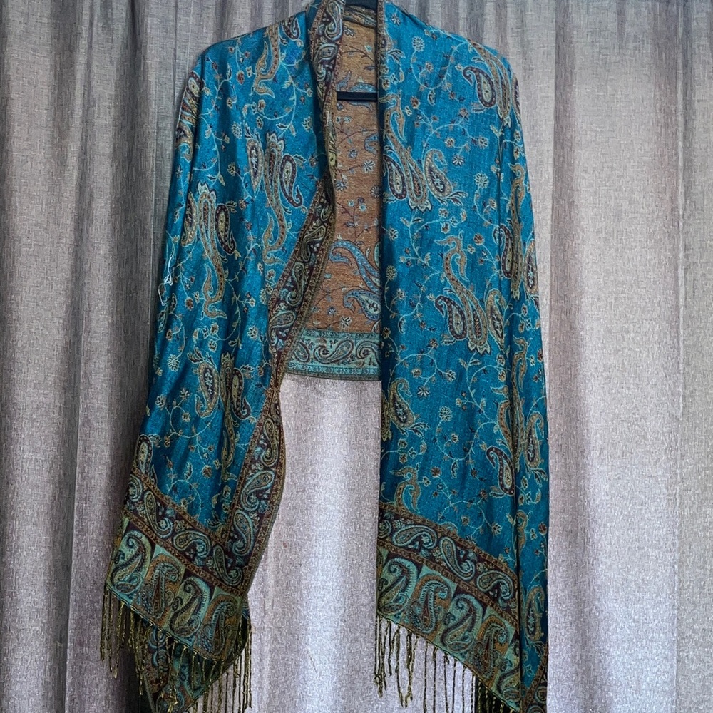 Blue Paisley Shawl with Fringe